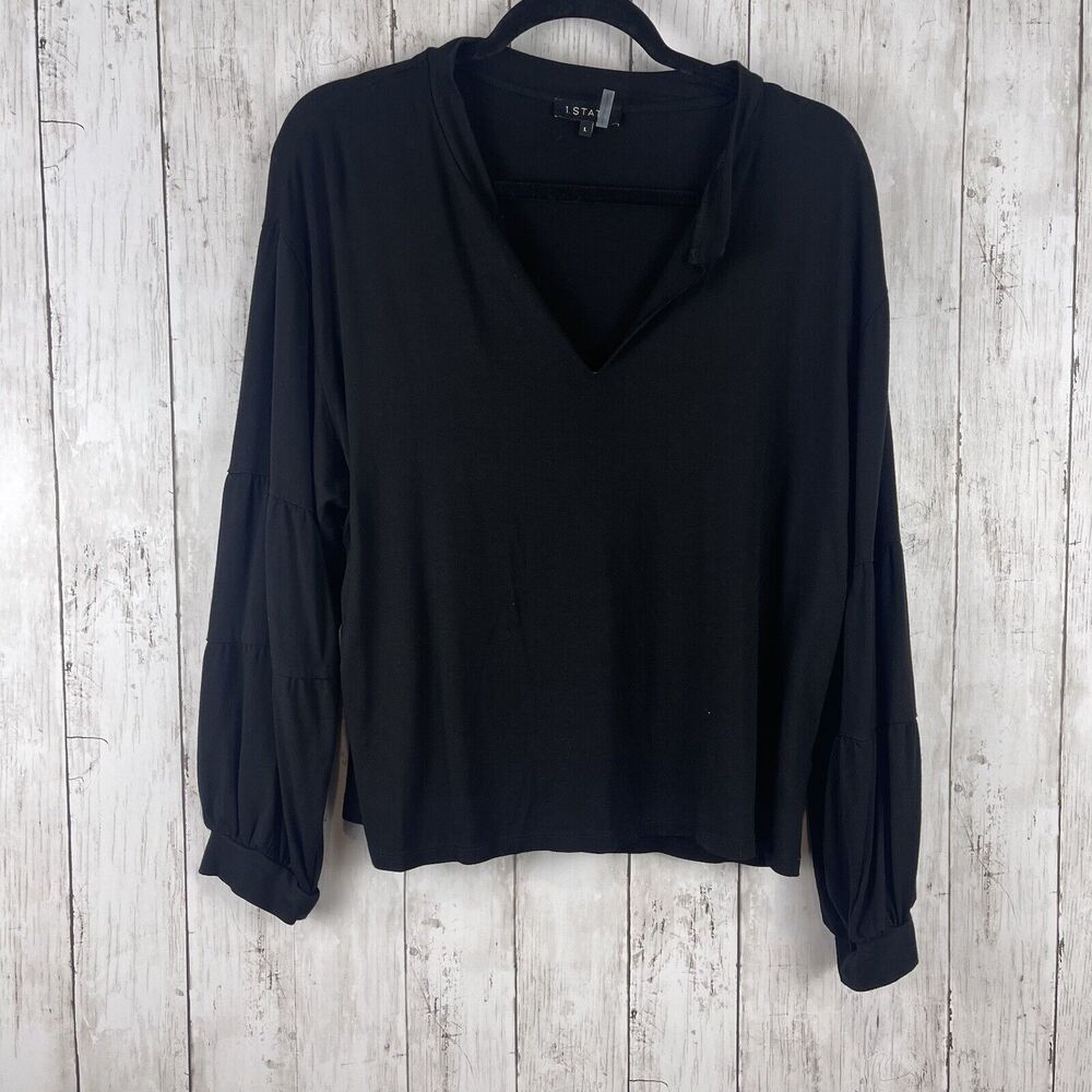 1. State Top Women Large Black Peasant Sleeve Minimalist Capsule Timeless Blouse
